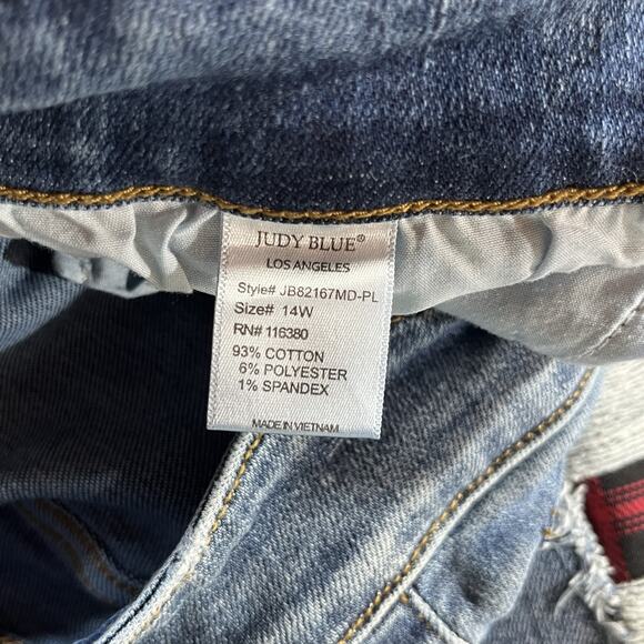 Judy Blue Jeans Womens 14W Blue Skinny Fit Distressed Plaid Patch Cuffed Red - Picture 11 of 15